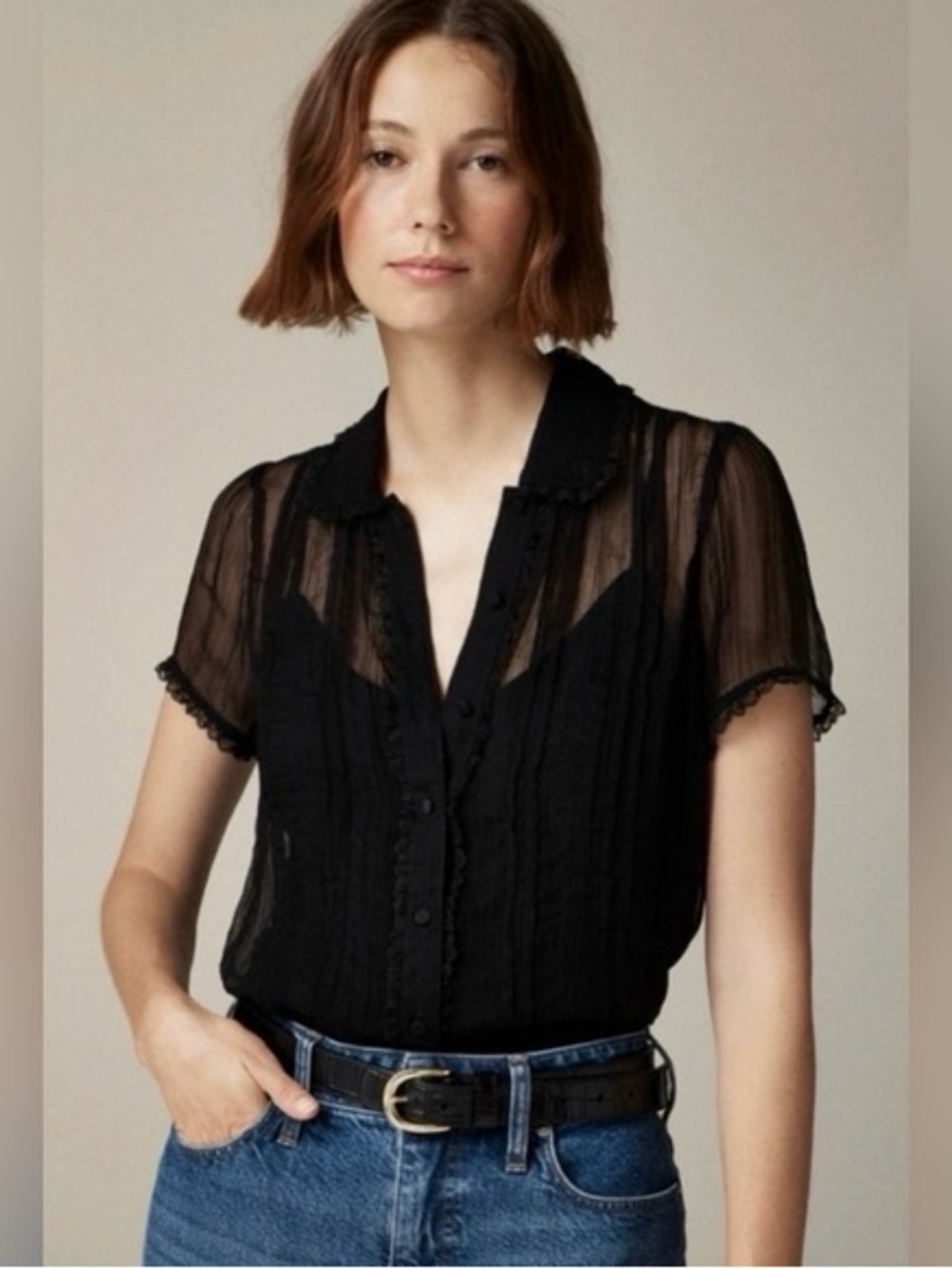 NWT J. Crew Sheer lace-trim button-up shirt in black